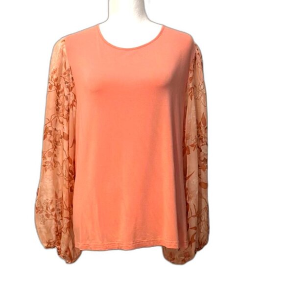 Andrew Marc Tops - Andrew Marc Peach Blouse with Floral Sheer Ballon Sleeves.